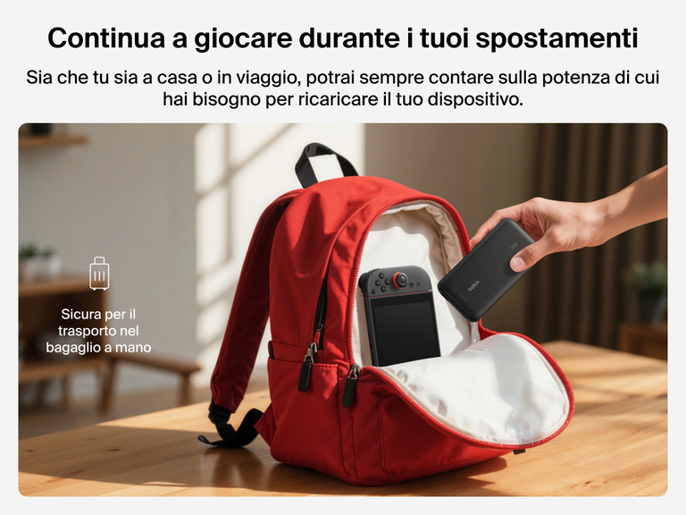 Immagine della power bank 20K (30 W) per Nintendo Switch 2 Belkin Gaming mentre viene posizionata in uno zaino, dimostrandone la portabilità e il design approvato per il trasporto nel bagaglio a mano, per giocare in mobilità in tutta praticità.