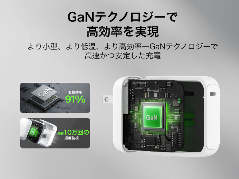 BoostCharge USB-C GaN充電器100Wの内部コンポーネント図は、GaNテクノロジー、効率的な電力変換、信頼性の高い高速充電のための高度な温度監視を強調しています。