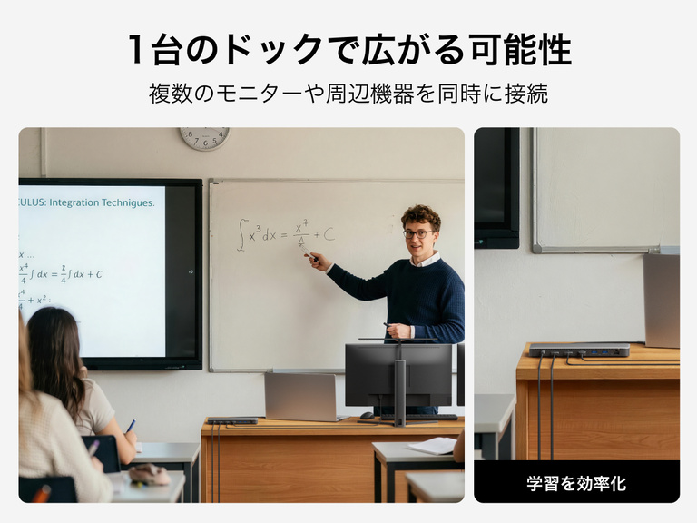 複数のモニターやデバイスに接続されたThunderbolt 4ドックを、教室での授業環境とデスクワーク環境の両方で示し、マルチディスプレイ接続と効率的な学習をサポートする様子を例示しています。