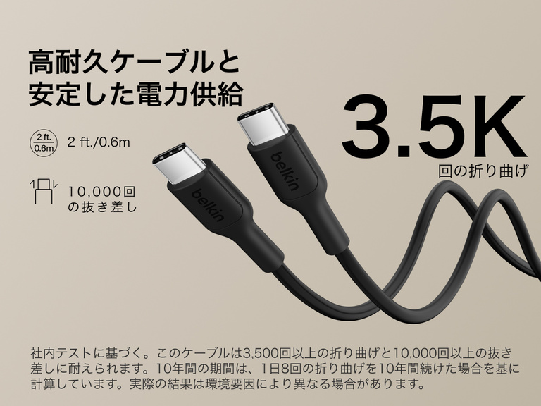 Belkin BoostCharge Slim Magnetic Power Bank 5K shown with durable USB-C to USB-C cable designed for 3,500+ bends and reliable long-lasting charging performance.