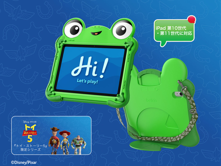 ディズニー トイストーリー5 「リリーパッド」ケース（iPad第10世代・第11世代対応）。カエルをモチーフにしたデザインで、タブレットに「Hi! Let&rsquo;s play!」と表示。トイストーリー5のブランドロゴと子供向けのデザインが施されています。