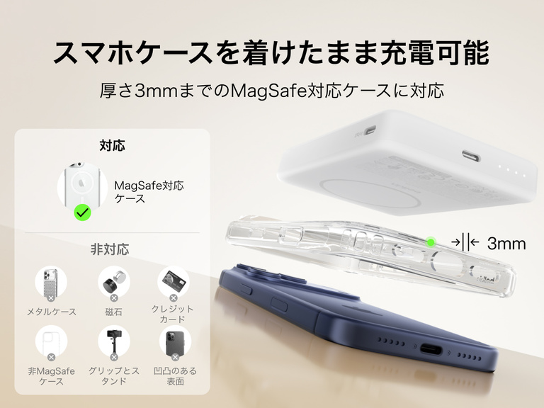 Belkin BoostCharge薄型マグネット式モバイルバッテリー10Kは、厚さ3mmまでのMagSafe対応スマホケースを通して充電できます。対応ケースと非対応ケースの例も掲載しています。