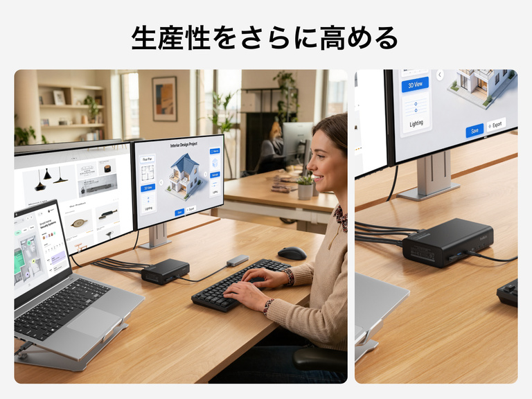 Universal 14-Port Dual Display USB-C Dock used with laptop and dual monitors for efficient multitasking workflow