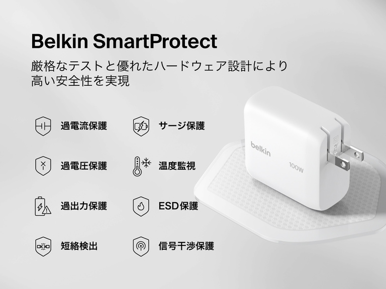 BoostCharge USB-C GaN充電器100Wは、過電流、過電圧、サージ、温度、短絡保護などのBelkin SmartProtect安全システムを搭載し、信頼性の高いデバイス充電を実現します。