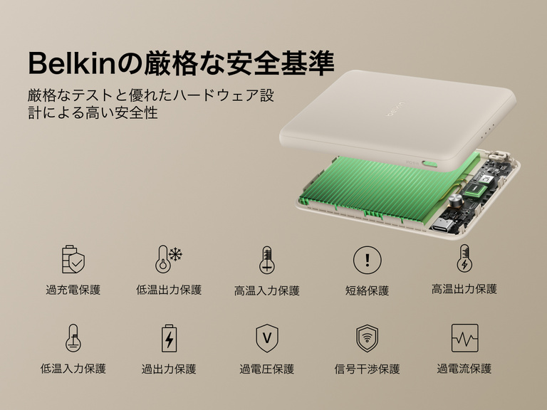 Belkin BoostCharge Slim Magnetic Power Bank 5K shown with internal components highlighting Belkin SmartProtect technology for safety features like overcharge, overcurrent, and temperature protection.