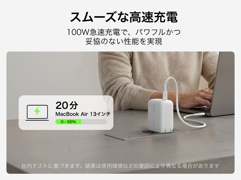 BoostCharge USB-C GaN充電器100Wで、デスク上のMacBook Airを充電している様子。100Wの高速充電性能と急速なバッテリー充電機能がグラフィックで強調されています。