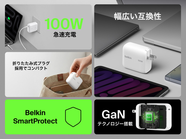 BoostCharge USB-C GaN充電器100Wは、100Wの高速充電、幅広いデバイス互換性、折りたたみ式プラグ、Belkin SmartProtect、そしてコンパクトながら高性能な充電を実現するGaNテクノロジーといった特長を紹介しています。