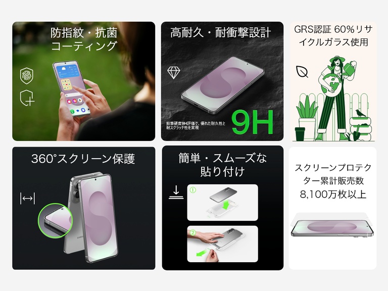 ScreenForce InvisiGlass保護フィルムの主な特徴としては、指紋防止および抗菌コーティング、耐久性のある9Hの耐衝撃性、60%GRS認定リサイクルガラスの使用、360度の画面保護、シームレスな適用手順、8,100万枚を超える保護フィルムの販売実績などがあります。