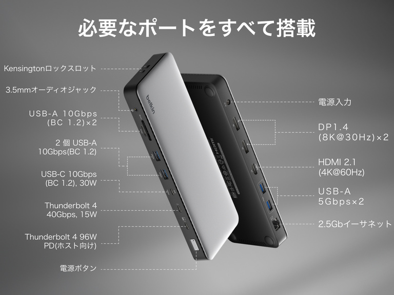 Thunderbolt 4ドックの図。USB-A、USB-C、Thunderbolt、DisplayPort、HDMI、イーサネット、SDカードスロット、オーディオジャック、電源入力、ケンジントンロックなど、利用可能なすべてのポートが示されています。