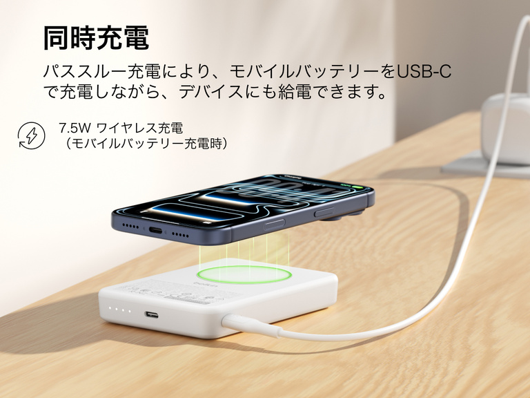 Belkin BoostCharge薄型マグネット式モバイルバッテリー10Kは、スマートフォンを7.5Wでワイヤレス充電しながら、USB-C経由で本体を充電するパススルー充電機能を強調しています。