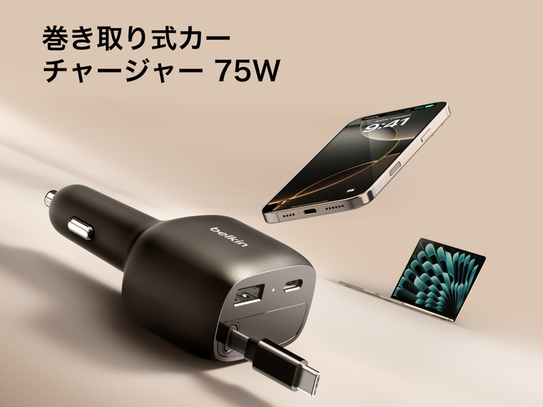 Image of the Belkin BoostCharge Retractable Car Charger 75W with USB-C and USB-A ports shown charging an iPhone and iPad.