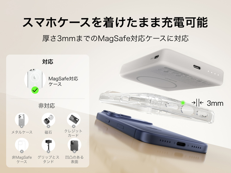 Belkin BoostCharge薄型マグネット式モバイルバッテリー10Kは、厚さ3mmまでのMagSafe対応スマホケースを通して充電できます。対応ケースと非対応ケースの例も掲載しています。