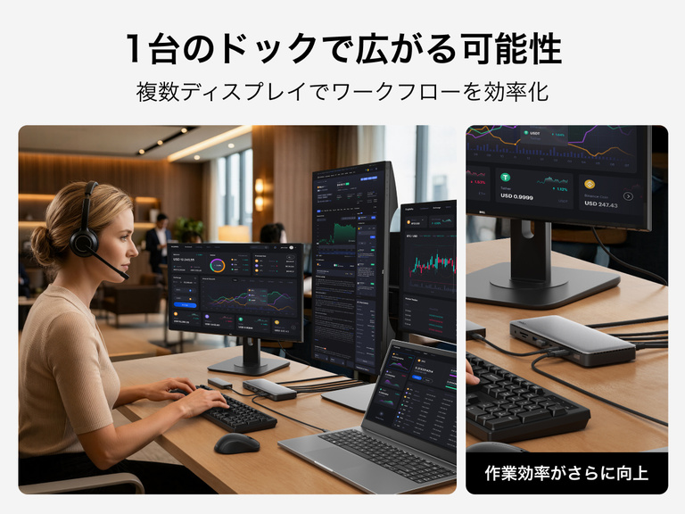 複数の外部ディスプレイをサポートするThunderbolt 4ドックのセットアップ。ノートパソコンが複数のモニターに接続され、マルチタスクや生産性の向上に活用されている様子が示されています。