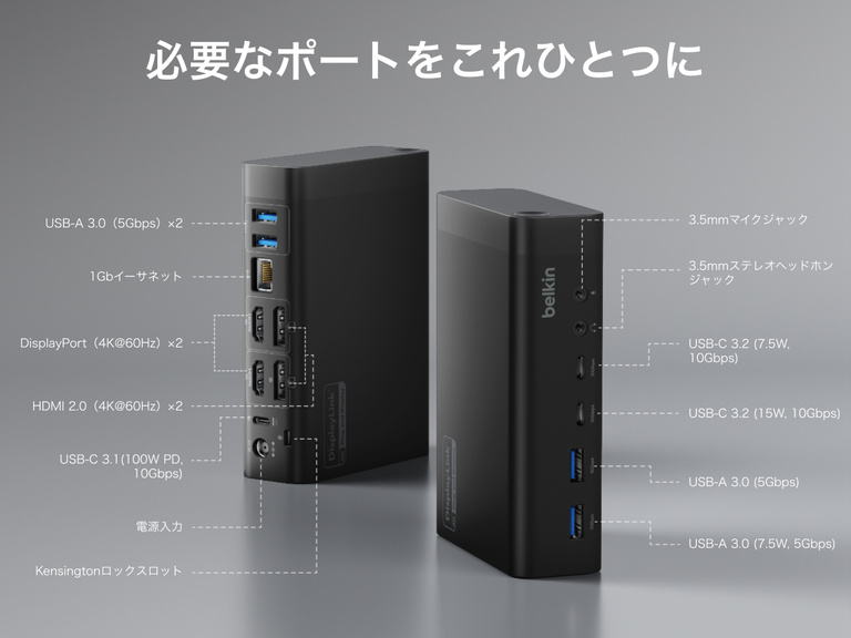 Universal 14-Port Dual Display USB-C Dock port layout diagram with labeled inputs and outputs on the dock