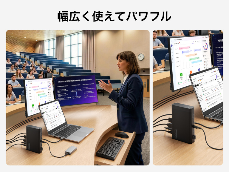 Universal 14-Port Dual Display USB-C Dock used in a presentation or office setup connecting displays and accessories