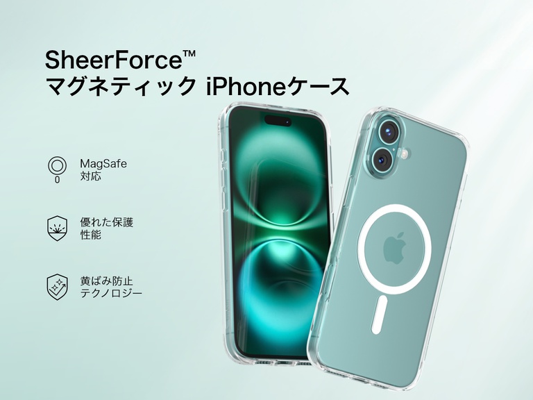 MagSafe対応の透明なデザインが特徴の、SheerForce&trade;マグネット式iPhoneケースのプロモーション画像。このケースは、iPhoneの洗練された外観を維持しながら、黄ばみ防止テクノロジーと優れた保護機能を提供します。この画像では、MagSafeの互換性、耐久性、長期間持続する透明度などの主要な機能がアイコンで強調されています。