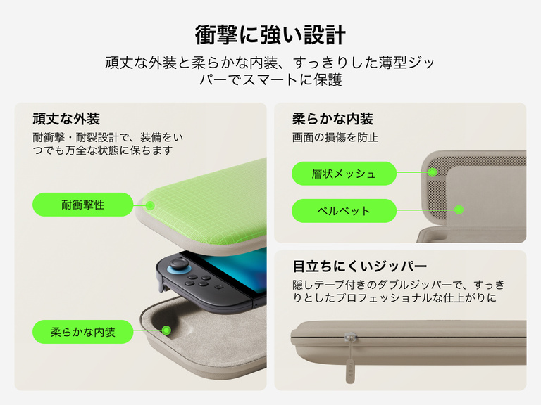 BelkinのNintendo Switch 2向けゲーミングトラベルケースは、丈夫な外殻、柔らかいベルベットとメッシュの内装、ステルスジッパーを備えており、耐久性、保護性、スタイリッシュな持ち運びやすさを実現しています。