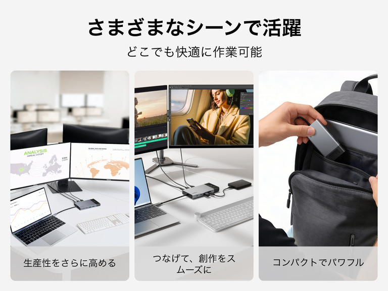 USB-Cハブを様々な作業環境で使用しているライフスタイル画像。マルチモニター環境での生産性向上、クリエイティブな編集ワークステーション、そしてハブをバックパックに入れて持ち運ぶポータブル環境などを紹介しています。