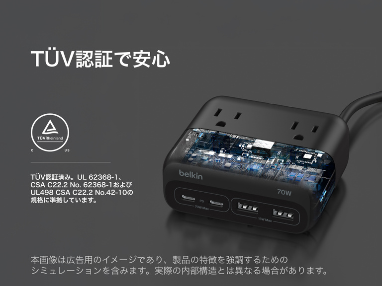 Belkin製3個口充電ステーション（USB-Aポート&times;2、USB-Cポート&times;2を搭載）の内部回路の模擬断面図。TUV認証取得済みで、安全性に優れ、業界基準に適合している点が強調されています。