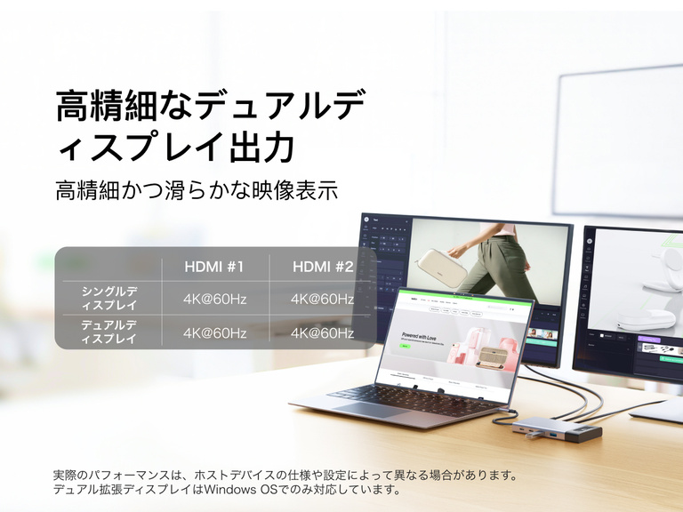 Belkin Connect 8ポートデュアルディスプレイUSB-Cハブを介して2台の外付けモニターに接続されたノートパソコン。デュアル4K@60Hzディスプレイ対応による、鮮明なマルチスクリーンワークスペース環境を実現しています。