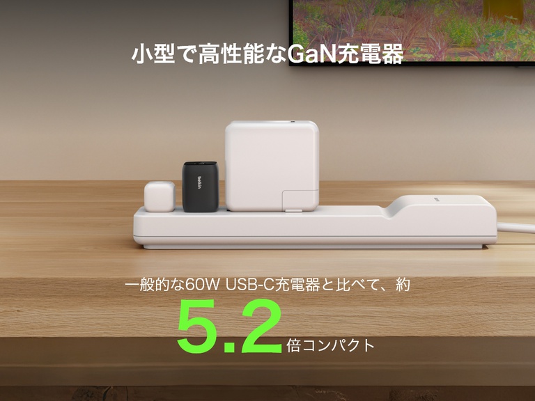 BelkinゲーミングデュアルUSB-C充電器（65W）は、GaNテクノロジーを使用して、標準の60W USB-C充電器よりも5.2倍コンパクトなサイズで強力な充電を実現します。