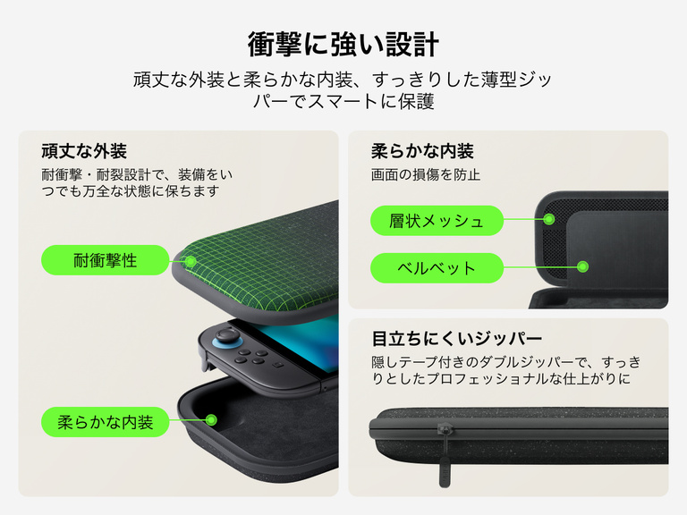 BelkinのNintendo Switch 2向けゲーミングトラベルケースは、丈夫な外殻、柔らかいベルベットとメッシュの内装、ステルスジッパーを備えており、耐久性、保護性、スタイリッシュな持ち運びやすさを実現しています。