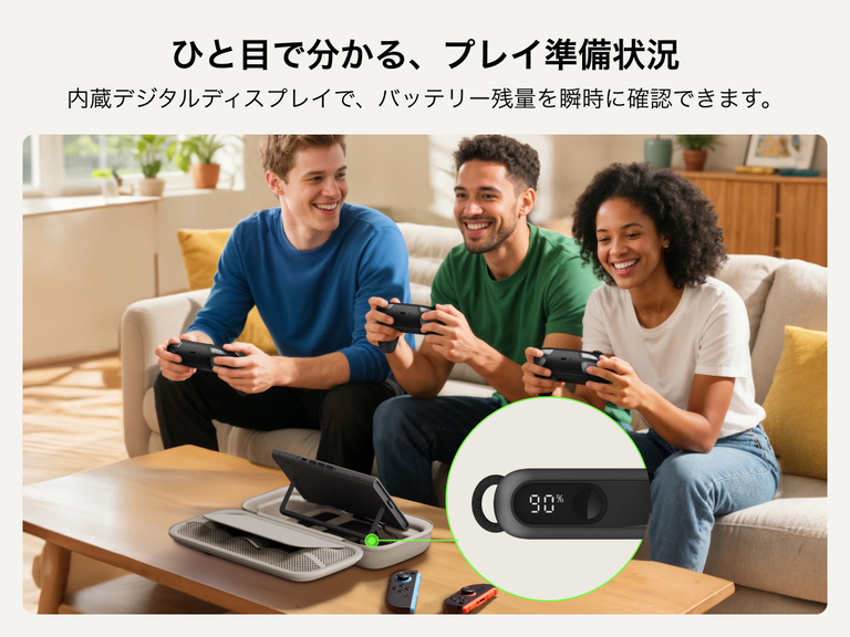 Belkinゲーミング充電ケースでコンソールに電力を供給しながら、友人グループがNintendo Switch 2でゲームをしています。内蔵デジタルディスプレイのクローズアップには、90%のバッテリーレベルが表示されています。
