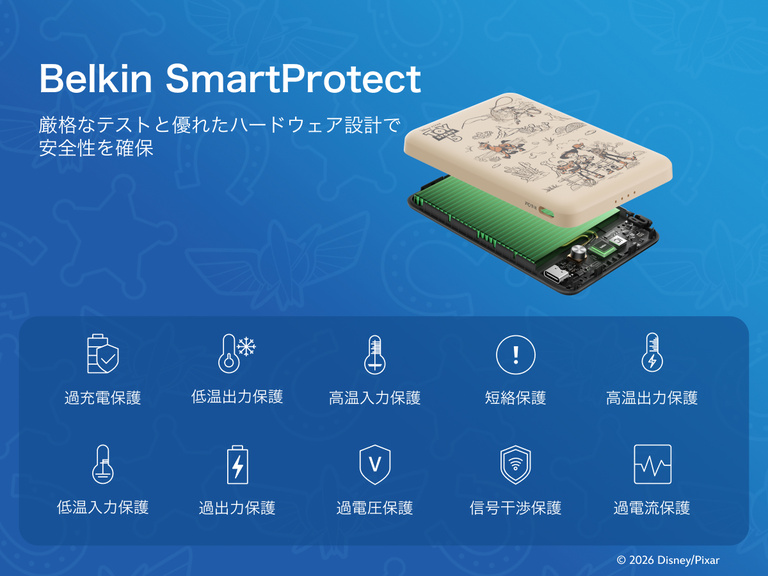 Belkin BoostCharge Slim Magnetic Power Bank 5K shown with internal components highlighting Belkin SmartProtect technology for safety features like overcharge, overcurrent, and temperature protection.