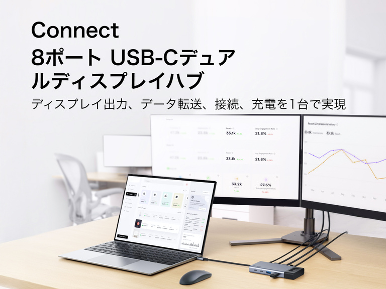 ノートパソコンが2台の外部モニターに接続され、分析ダッシュボードを表示しています。Belkin Connect 8ポートデュアルディスプレイUSB-Cハブで、ディスプレイ、データ、充電接続を拡張できます。