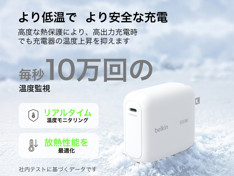 BoostCharge USB-C GaN充電器100Wは、高度な温度監視機能と放熱機能を備え、より低温で安全な高出力充電性能を実現します。