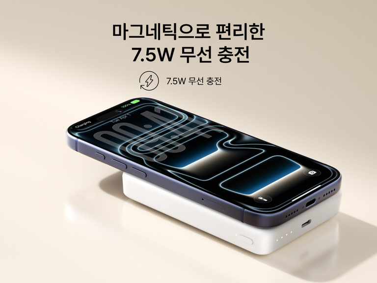 슬림하고 휴대성 좋은 디자인의 Belkin BoostCharge 슬림 마그네틱 보조 배터리 10K가 스마트폰에 자기식으로 부착되어 7.5W 무선 충전을 제공하는 모습
