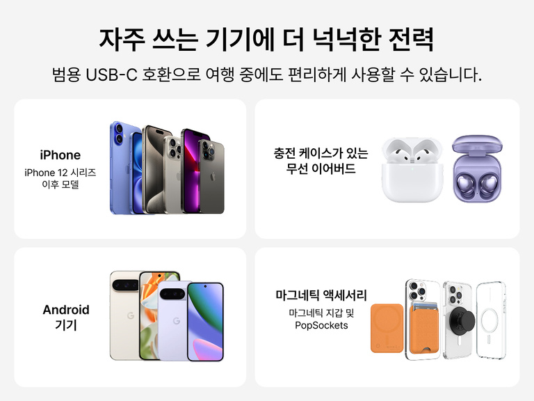 Slim Magnetic Power Bank 10K with Qi2 displayed with smartphones, earbuds, and magnetic accessories demonstrating broad compatibility