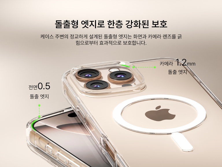 SheerForce&trade; 마그네틱 iPhone 케이스를 확대한 모습. 보호력을 강화하기 위한 돌출형 가장자리가 강조되어 있습니다. 이 이미지는 화면과 카메라 렌즈를 긁힘과 충격으로부터 보호하도록 설계하여 1.2mm 돌출된 카메라 모서리와 0.5mm 돌출된 전면 모서리를 보여줍니다. 투명한 케이스는 세련된 디자인을 유지하는 동시에 안정적인 보호 기능을 제공합니다.