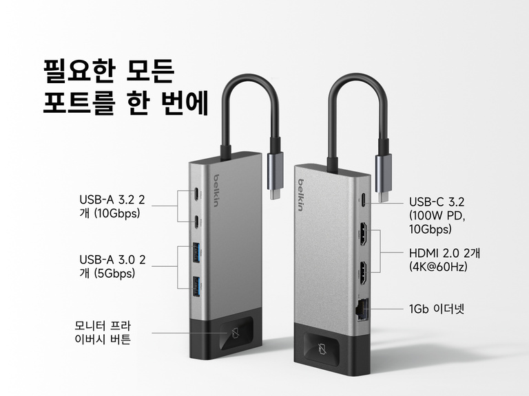 Belkin 8포트 USB-C 허브의 다이어그램입니다. 100W Power Delivery를 지원하는 USB-C 3.2 1개, USB-C 3.2 포트 2개, USB-A 3.0 포트 2개, 4K@60Hz를 지원하는 HDMI 2.0 포트 2개, 1Gb 이더넷 포트 1개 등 포트와 모니터 개인 정보 보호 버튼을 소개합니다.