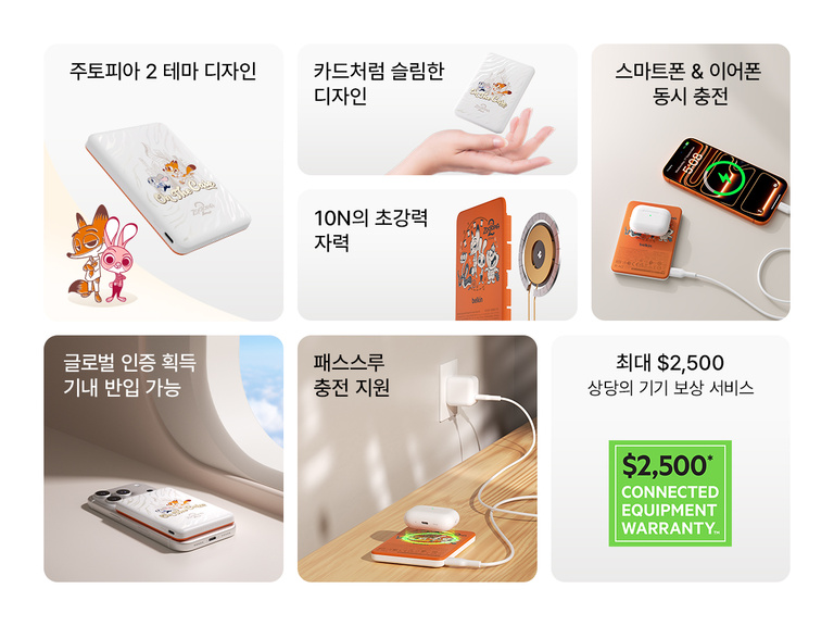 Belkin BoostCharge Slim Magnetic Power Bank 5K shown highlighting key features including secure magnetic ring, ultra-slim design, USB-C to USB-C cable, dual device charging, recycled materials, and pass-through charging capability.