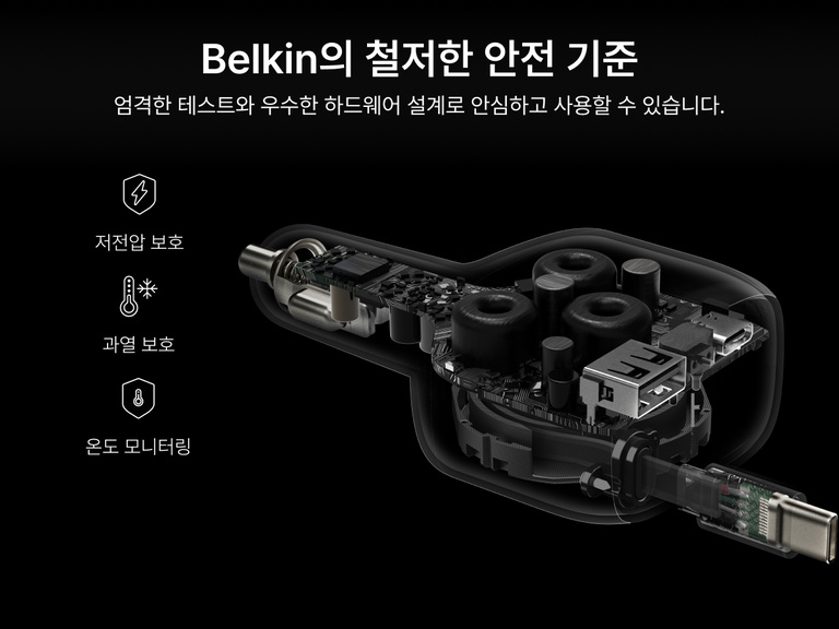 Image of the Belkin BoostCharge Retractable Car Charger 75W with Belkin SmartProtect technology, featuring under-voltage protection, overheat protection, and temperature monitoring for safe charging.