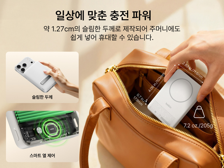 Slim Magnetic Power Bank 10K with Qi2 placed inside bag showing compact size and portability with dimension callouts
