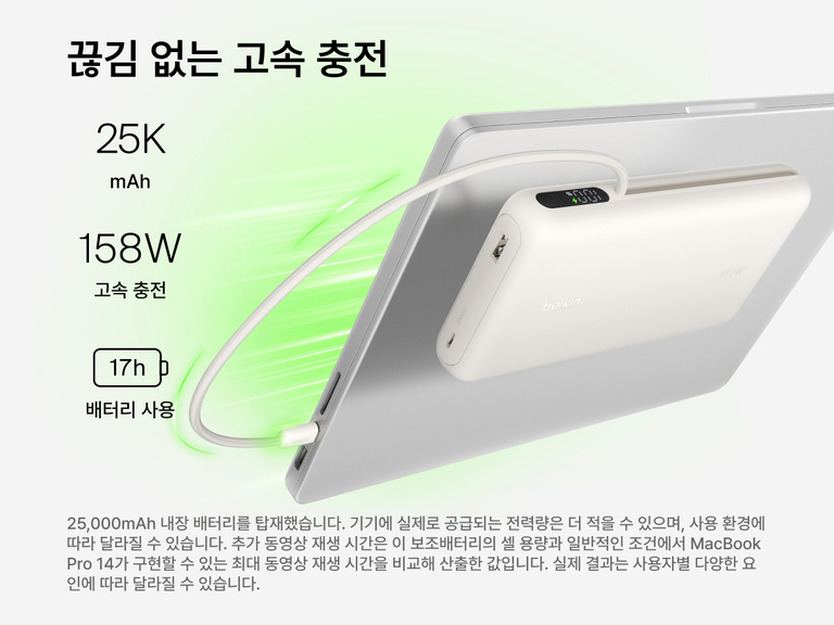 Belkin UltraCharge Pro Laptop Power Bank 25K delivering up to 158W fast charging with integrated USB-C cable connected to a laptop, 25,000 mAh capacity and digital display