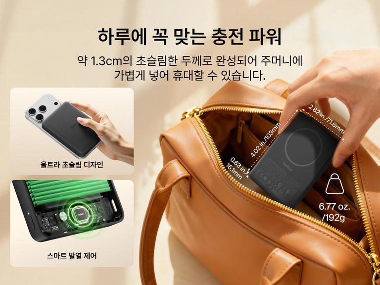 Belkin BoostCharge 슬림 마그네틱 보조 배터리 10K의 0.5인치의 슬림한 두께로 가방에 쏙 들어가는 모습으로, 휴대성 좋은 디자인과 스마트 온도 조절 기능 강조
