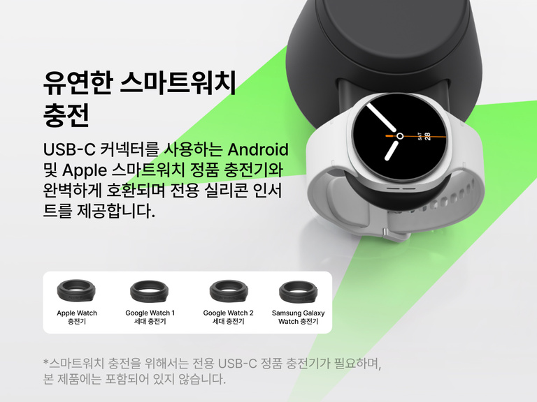 Belkin UltraCharge Qi2 25W 모듈형 충전 독의 Apple Watch, Google Watch, 삼성 갤럭시 워치 USB-C 충전기와 호환되는 교체 가능한 인서트로 스마트워치를 유연하게 충전할 수 있다는 점을 보여 주는 이미지입니다.