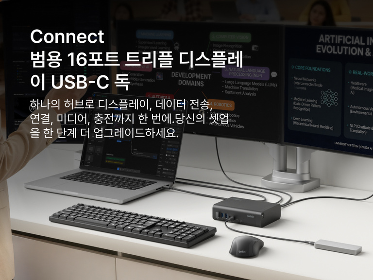 Connect Universal 16-Port Triple Display USB-C Dock shown on a desk setup, connected to a laptop and multiple monitors displaying work content, with keyboard and accessories, highlighting multi-display connectivity and productivity.