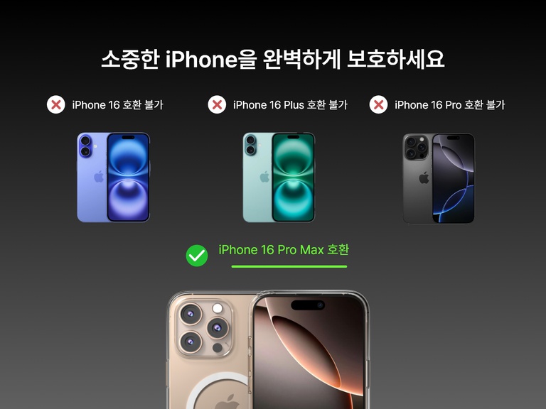 SheerForce&trade; 마그네틱 iPhone 케이스 호환성 가이드. 이미지는 케이스가 iPhone 16(녹색 체크 표시)과 호환되지만, iPhone 16 Plus, iPhone 16 Pro 또는 iPhone 16 Pro Max(각각 빨간색 X 표시)와는 호환되지 않는다는 것을 강조합니다. 다양한 iPhone 모델이 표시되어 호환성 제한을 시각적으로 나타냅니다.
