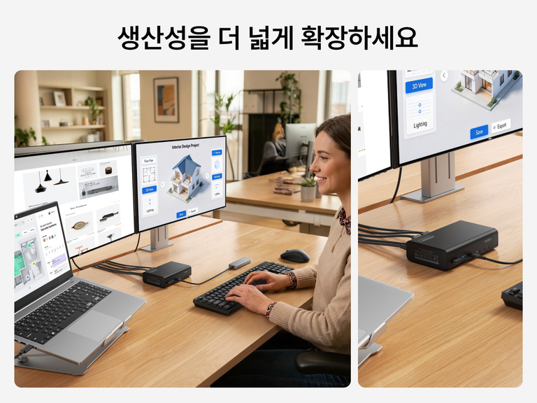 Universal 14-Port Dual Display USB-C Dock used with laptop and dual monitors for efficient multitasking workflow