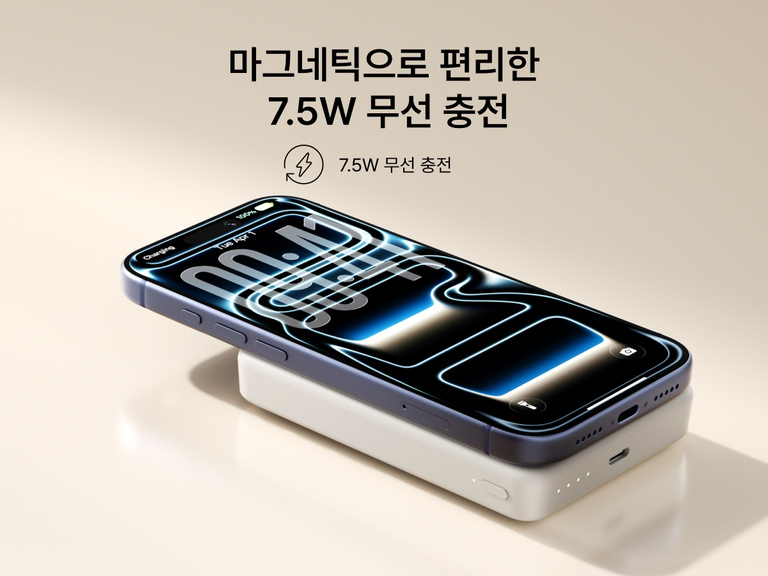 슬림하고 휴대성 좋은 디자인의 Belkin BoostCharge 슬림 마그네틱 보조 배터리 10K가 스마트폰에 자기식으로 부착되어 7.5W 무선 충전을 제공하는 모습