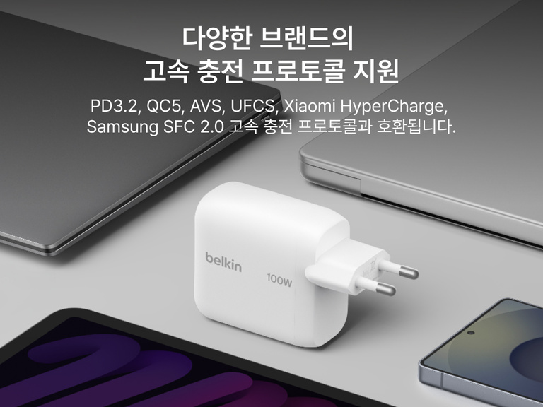 BoostCharge USB-C GaN 가정용 충전기 100W가 노트북, 태블릿, 스마트폰과 함께 표시되어 PD3.2, QC5, 삼성 SFC 2.0, 기타 충전 프로토콜 등 여러 브랜드와의 고속 충전 호환성 강조