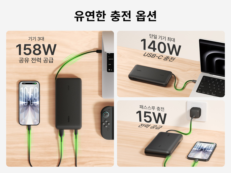 Belkin UltraCharge Pro Laptop Power Bank 25K demonstrating flexible charging with up to 158W shared output, 140W single-device USB-C charging, and pass-through charging capability