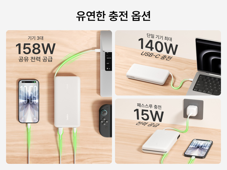 Belkin UltraCharge Pro Laptop Power Bank 25K demonstrating flexible charging with up to 158W shared output, 140W single-device USB-C charging, and pass-through charging capability