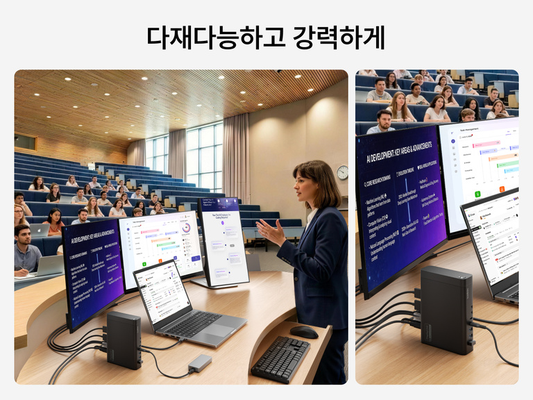 Presenter using a USB-C docking station to connect a laptop to multiple displays in a classroom setting, alongside a close-up of the dock connected to monitors and peripherals, demonstrating versatile, multi-device connectivity.