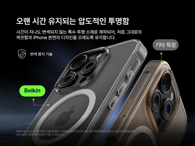 Belkin SheerForce&trade; 마그네틱 iPhone 케이스의 황변 방지 기술을 보여주는 비교 이미지. Belkin 케이스는 시간이 지나도 매우 투명한 상태를 유지하는 반면, 경쟁사의 케이스는 노랗게 변색된 것이 보입니다. 텍스트는 오래 지속되는 투명도와 변색 저항성으로 장기간 사용 후에도 케이스가 깔끔하고 투명한 디자인을 유지하도록 보장한다는 점을 강조합니다.