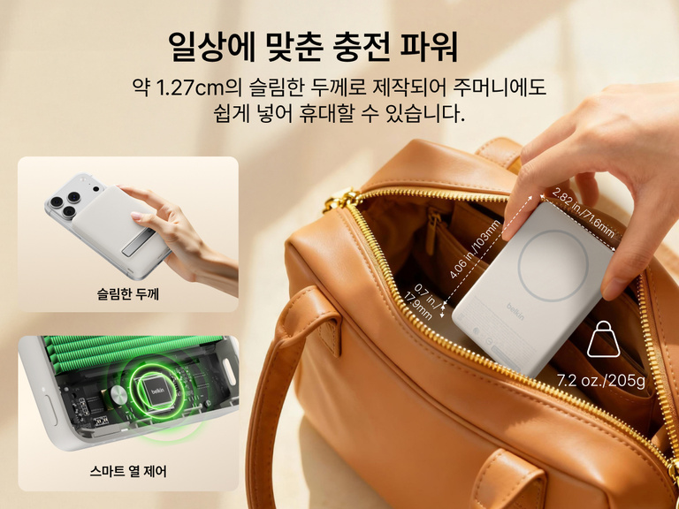Slim Magnetic Power Bank 10K with Qi2 placed inside bag showing compact size and portability with dimension callouts